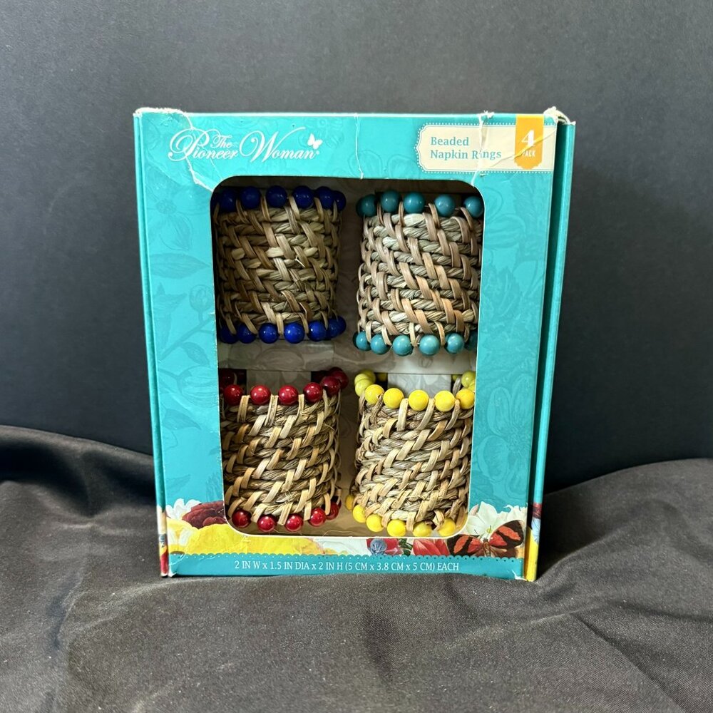 The Pioneer Woman Rattan Beaded Napkin Rings Set of 4 | 2"x2" Natural Woven Boho